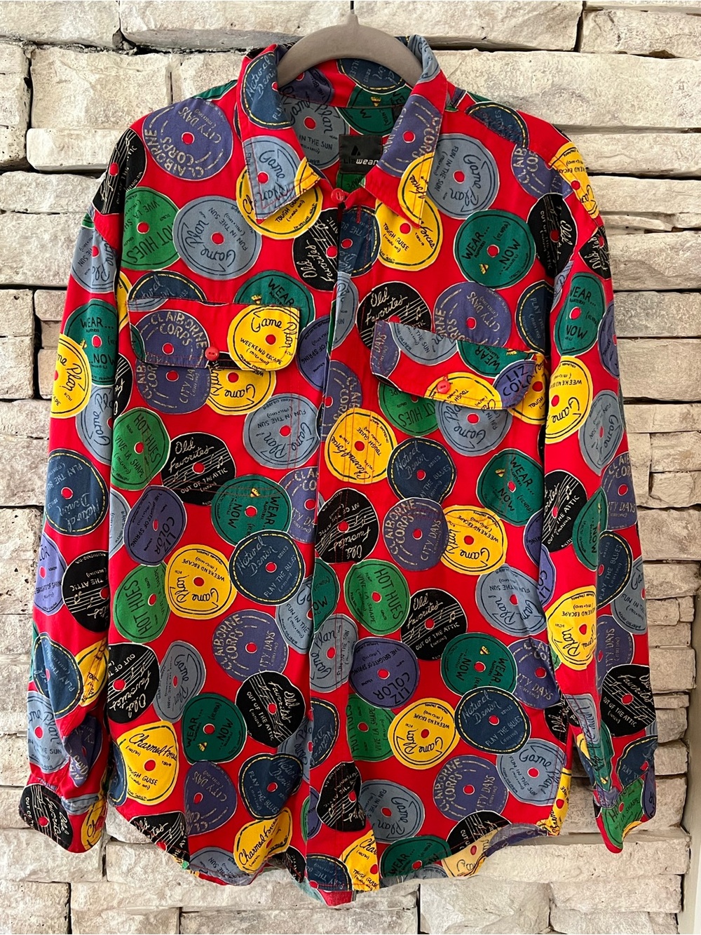 Vintage Lizwear Vinyl Record Print Button Down Size Medium